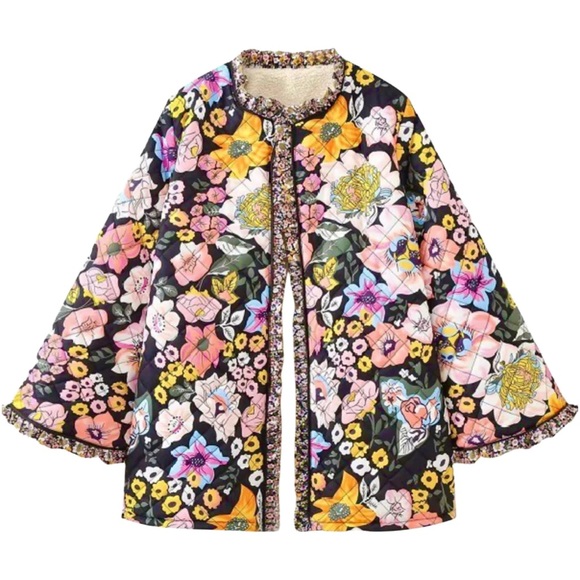 NWOT James Ascher Fleece Lined Ruffle Trim Floral Kayla Quilted Jacket - Picture 2 of 11